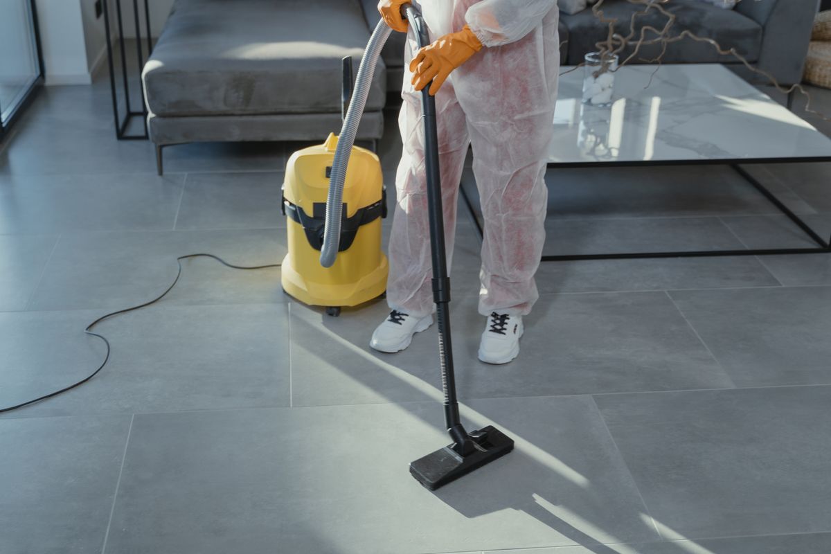 Professional cleaner vacuuming a modern living room